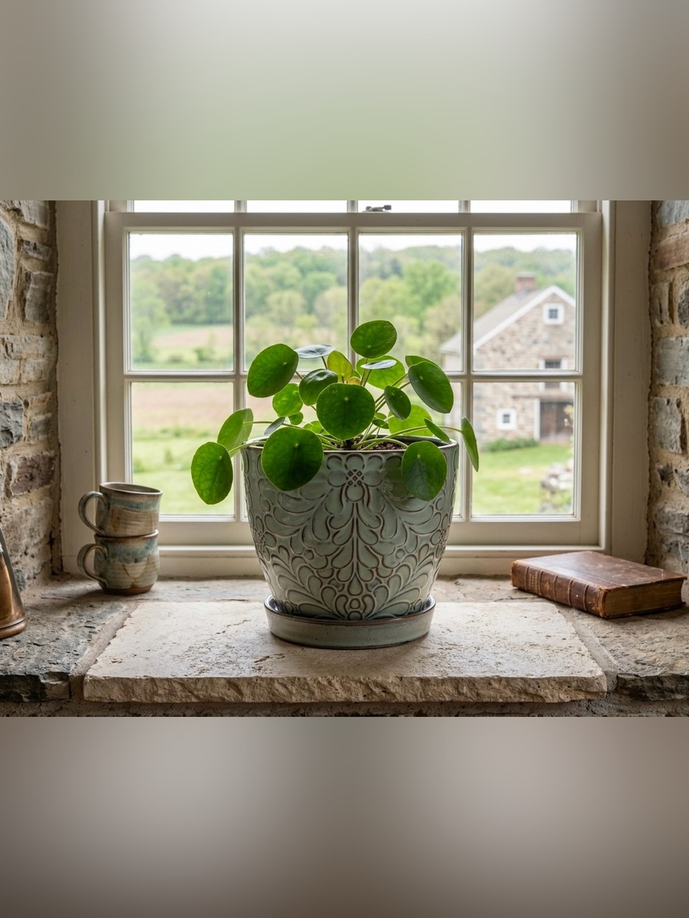 6" Celadon Ceramic Planter with Attached Saucer, Embossed Floral Indoor Planter